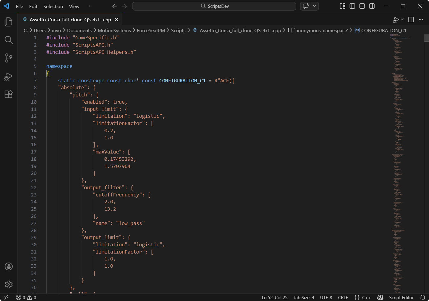 Motion script open in Visual Studio Code with code completion and syntax highlighting
