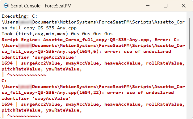 ForceSeatPM Profile Editor output console showing script errors in red
